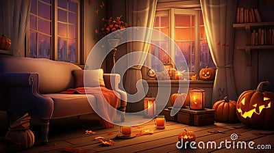 Charming Halloween in Cozy, Candlelit Living Room Stock Photo