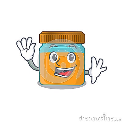 A charming honey jar mascot design style smiling and waving hand Vector Illustration