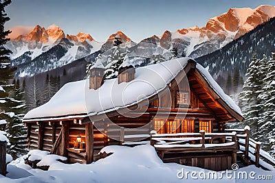 A charming hut perched on the mountainside, surrounded by a pristine blanket of snow Stock Photo