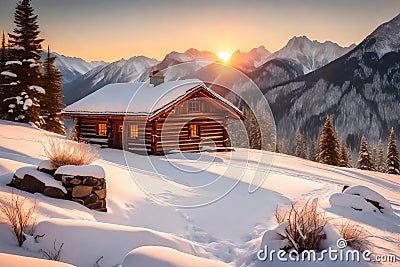 A charming hut perched on the mountainside, surrounded by a pristine blanket of snow Stock Photo