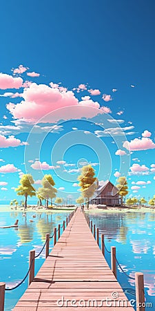 Dreamlike Anime Aesthetic: Beautiful Painted Dock With Cute House Cartoon Illustration