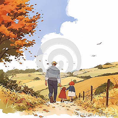 Heartwarming Fall Family Moment Cartoon Illustration