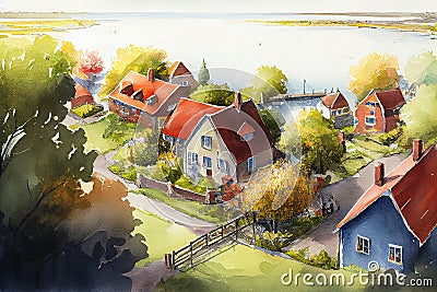 A charming illustration of a green village surrounded by lush gardens, creating a peaceful and idyllic scene Cartoon Illustration