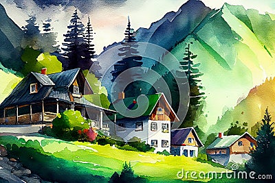 A charming illustration of a green village surrounded by mountains, creating a peaceful and idyllic scene Cartoon Illustration