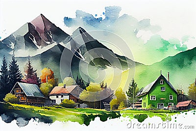 A charming illustration of a green village surrounded by mountains, creating a peaceful and idyllic scene Cartoon Illustration