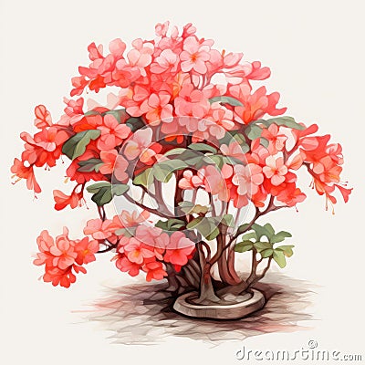 Charming Illustration Of A Red Flowering Tree With Masterful Shading Cartoon Illustration