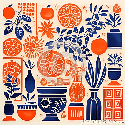 Charming Illustrations Of Ceramics, Plants, And Oranges In Light Red And Navy Cartoon Illustration