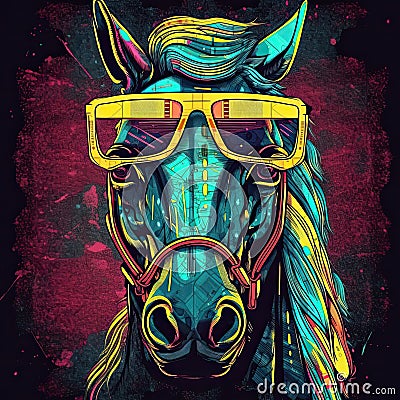 Retro Horse in Yellow Glasses with a Full Face Shot Cartoon Illustration