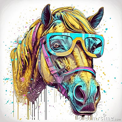 Retro Horse in Yellow Glasses with a Full Face Shot Cartoon Illustration