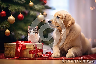 A charming image featuring pets interacting with Christmas gifts under the tree, portraying the inclusion of furry family members Stock Photo
