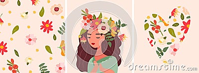 A charming image of a woman with a wreath on her head with colorful wild flowers and hearts in a circle. Perfect for Vector Illustration