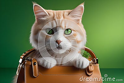 charming kitten peeks out of a brown women& x27;s bag on a green background. Playground AI platform Stock Photo