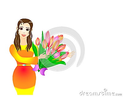 Charming Lady illustration with a buoqet of beautiful tulips. International Women`s Day Vector Illustration