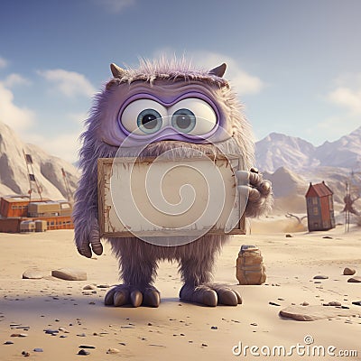 A charming lavender-furred monster with large, curious eyes, holding a blank aged sign in a deserted western town Stock Photo