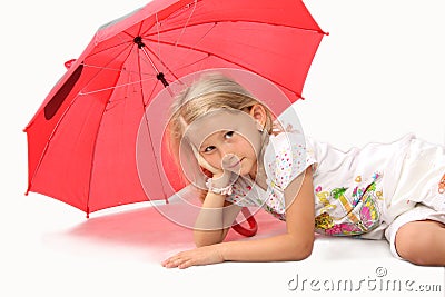 The charming little girl with red umbrella Stock Photo