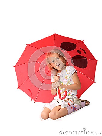 The charming little girl with red umbrella Stock Photo