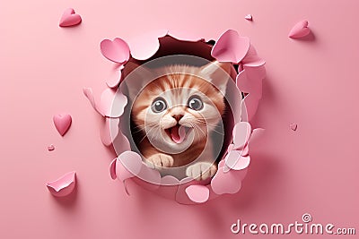 Charming little kitten playfully peering through heart-shaped opening on a delicate pastel backdrop Stock Photo