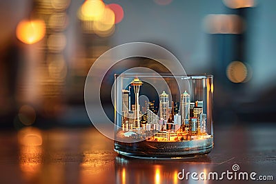 Miniature Seattle Skyline in a Glass Jar Stock Photo