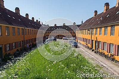 Charming old row houses in the district of Nyboder, Copenhagen, Denmark on a summer day Editorial Stock Photo