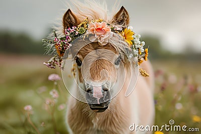 Charming Palomino Foal Adorned with Floral Wreath in Blossoming Meadow, Symbol of Spring and Innocence Stock Photo