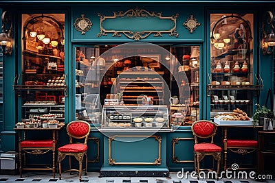 Charming Parisian Cafe Front with Pastries Stock Photo