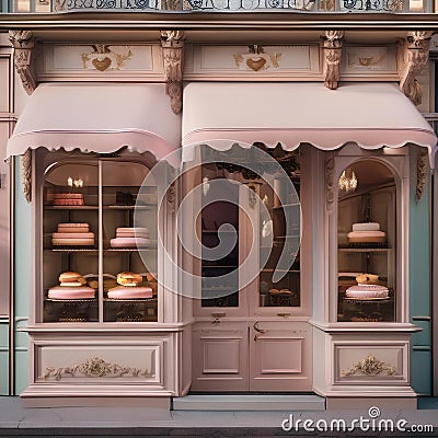 A charming Parisian patisserie with pastel colors, ornate details, and a display of decadent pastries1 Stock Photo