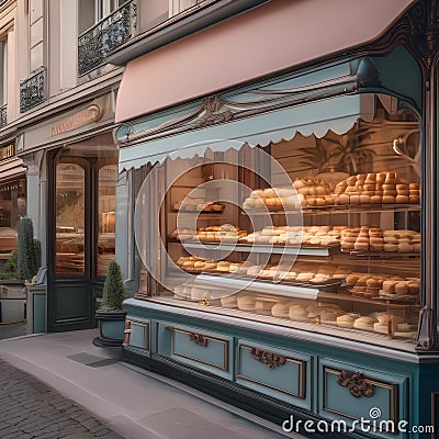 A charming Parisian patisserie with pastel colors, ornate details, and a display of decadent pastries4 Stock Photo