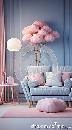 Charming pastel baby room, blue wall, white sofa, pink accents Stock Photo
