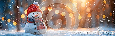 Cute and Funny Snowman with Winter Accessories in Snowscape with Bokeh Lights - Perfect for Christmas and Holiday Background Stock Photo