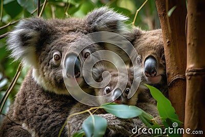 charming portrait of koala family, including mother and father, clambering through the trees Stock Photo