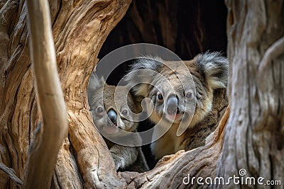 charming portrait of koala family, including mother and father, clambering through the trees Stock Photo