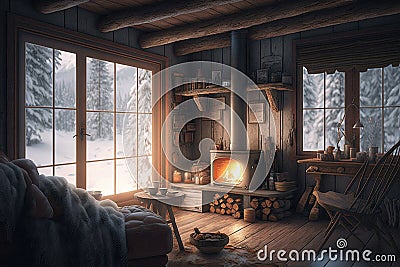 Warm winter cabin with blazing fire and snow outdoors Stock Photo