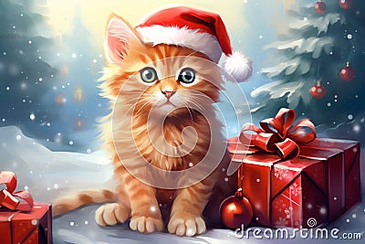 a charming red kitten in a Santa hat sits next to beautifully packed boxes and balloons Cartoon Illustration