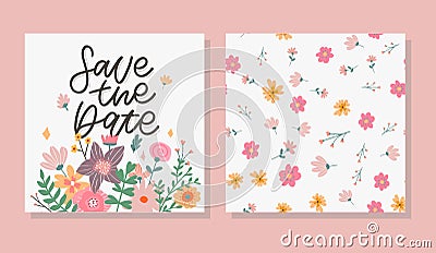 Charming Save the Date Lovely spring concept card. Awesome flowers and birds made in watercolor technique. Bright Vector Illustration