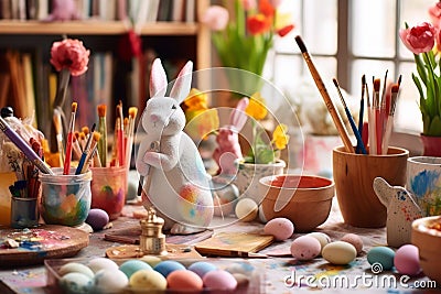 A charming scene depicting a bunny artistically painting Easter eggs in a cozy and colorful studio, surrounded by paints, brushes Stock Photo