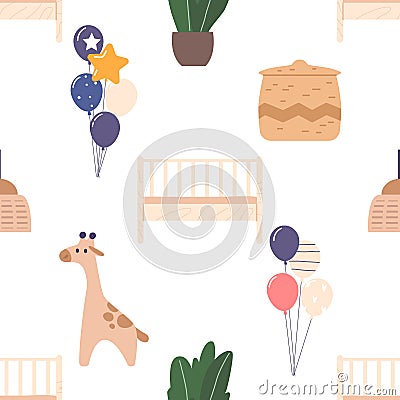 Charming Seamless Pattern Depicting Adorable Newborns Meeting Items such as Gift, Toys, Potted Plant, Balloons Vector Illustration