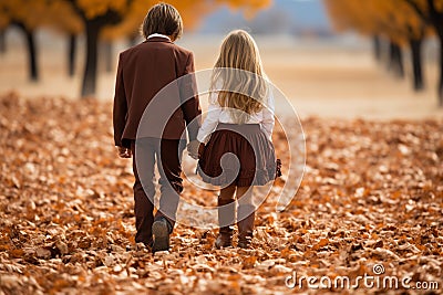 A boy and girl walk hand in hand through a pile of autumn leaves Stock Photo