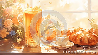 Charming Sketches: Apple Juice Painting On Window Sill In Kawacy Style Cartoon Illustration