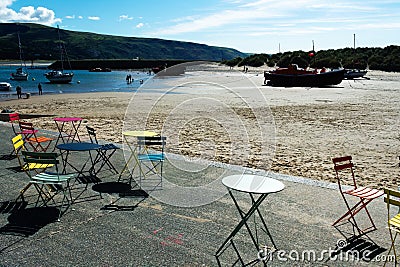 Charming small Welsh seaside resort of Barmouth. View of the wide sandy beach and pretty harbour Editorial Stock Photo