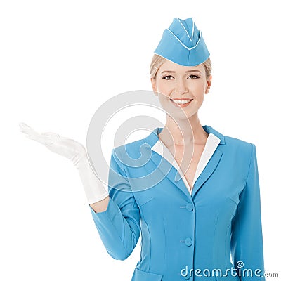 Charming Stewardess In Blue Uniform Holding In Hand On W Stock Photo