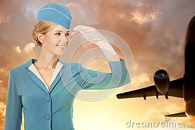 Charming Stewardess Dressed In Blue Uniform On Sky Background Stock Photo