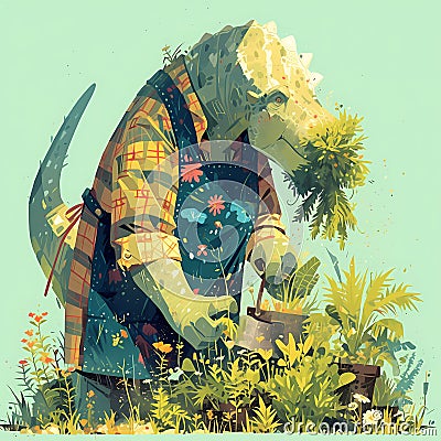 Prehistoric Gardener: A Hadrosaur Cultivates Flavor Stock Photo