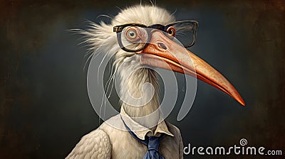 Charming Stork With Spectacles: A Unique Blend Of Steampunk And Slovenian Paintings Stock Photo