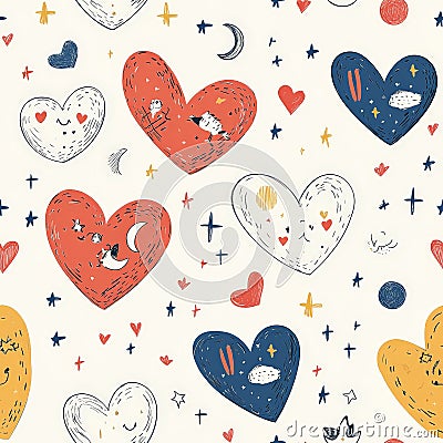 A charming storybook-inspired heart pattern, where each heart contains tiny whimsical doodles like Stock Photo