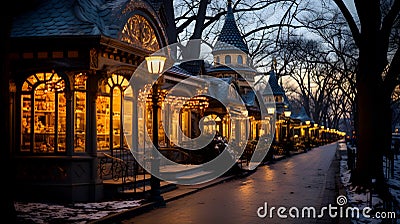 street lined with vintage-style buildings adorned with warm glowing lights, giving a cozy, festive atmosphere during Stock Photo