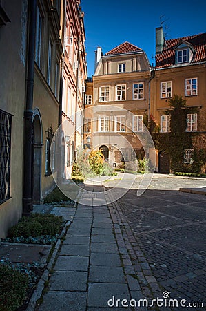 A charming street, a nook in the center of Warsaw. Nice colors at sunset. Editorial Stock Photo