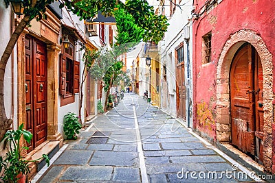 Charming streets of old town in Rethymno. Crete island, Greece Editorial Stock Photo