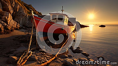 Charming Sunset Over Small Boat: A Captivating Rural Scene Stock Photo