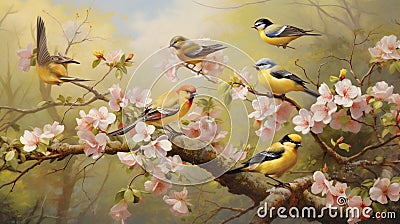 A charming tableau of finch birds nestled among blooming flowers Stock Photo