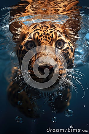 cute tiger leopard face is diving above the surface of the river water Stock Photo